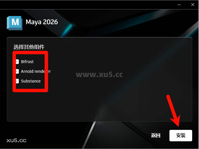 Maya 2026.0 安装选项配置界面